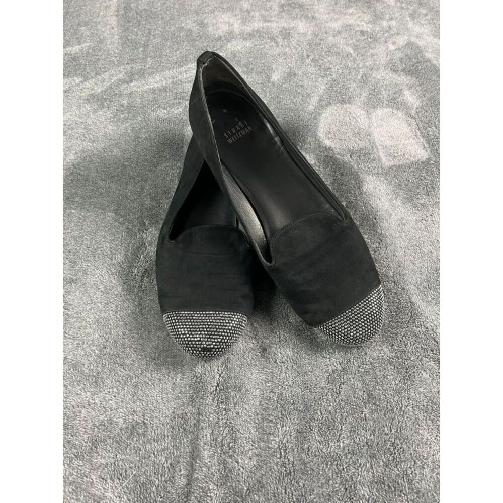 Stuart Weitzman Silver Studs Cap Toe Loafers Flats Size 10 Black Suede Comfort